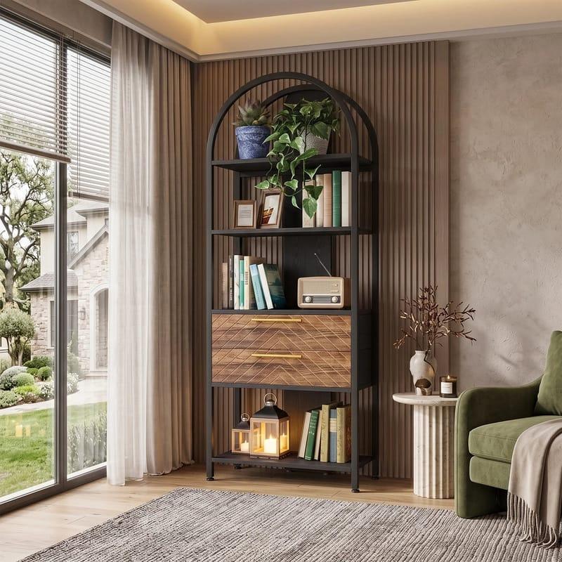 A bookshelf with plants, books, a radio and lanterns